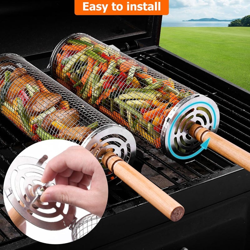 AUCMA Rolling Grilling Baskets for Outdoor Grill Bbq Net Tube Stainless Steel Large Round Mesh Barbecue Accessories Must Have Cylinder Cage Picnic Gear Cooking Camping Basket for Veggies Vegetable Fish - Image 3